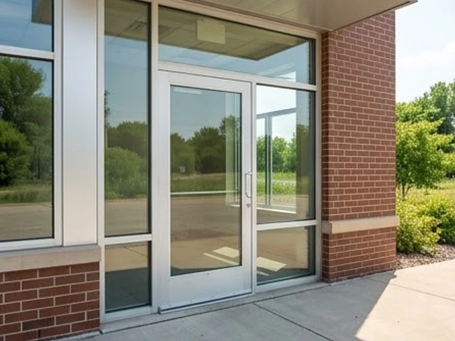 Storefront entry door and threshold, summer