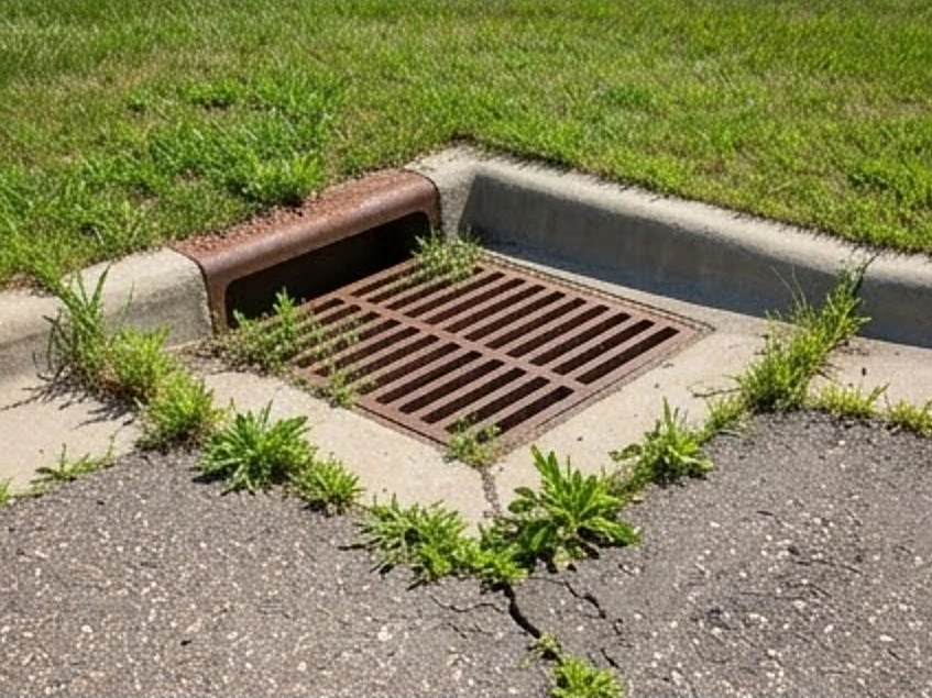 Storm drain catch basin in a parking lot, summer