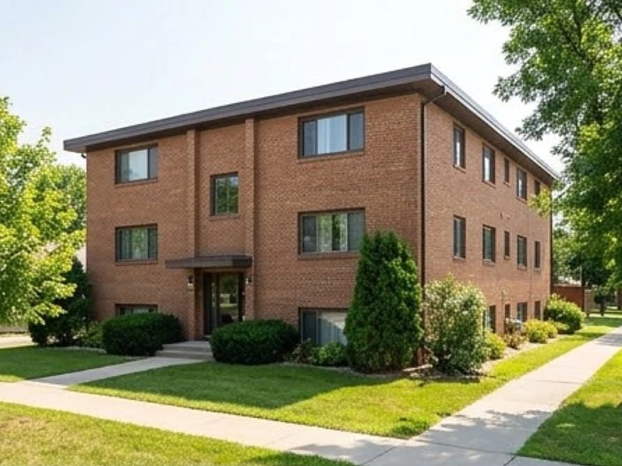 Three-story brick walk-up apartment building, summer