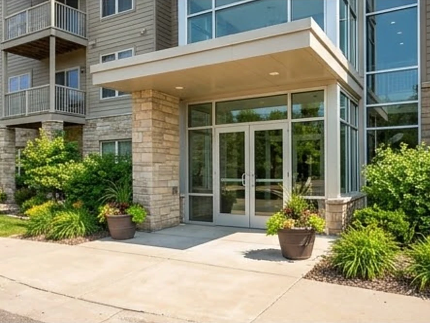 Condo building entrance, summer