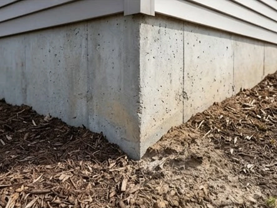 Exterior foundation corner with grading, close-up
