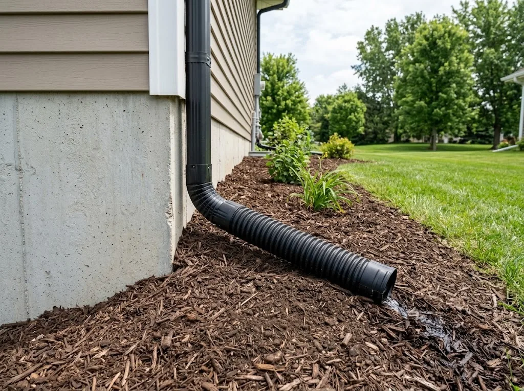 Downspout extension discharging onto graded soil beside a foundation — Minnesota home inspection — Foundation