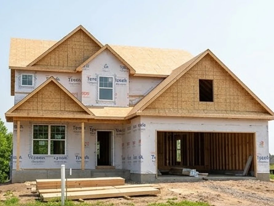 Framed house under construction, summer