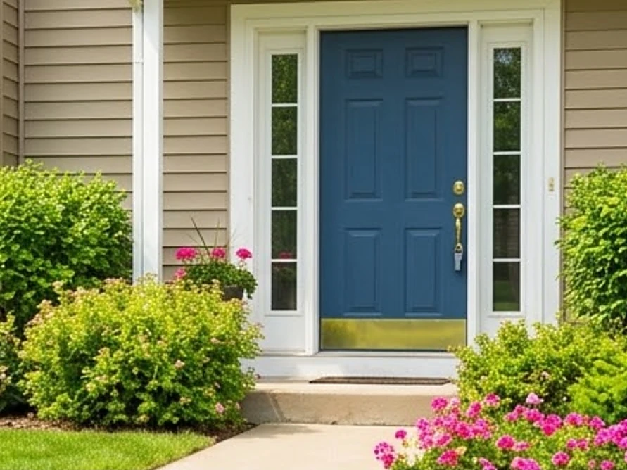 Front door with a key in the lock, summer