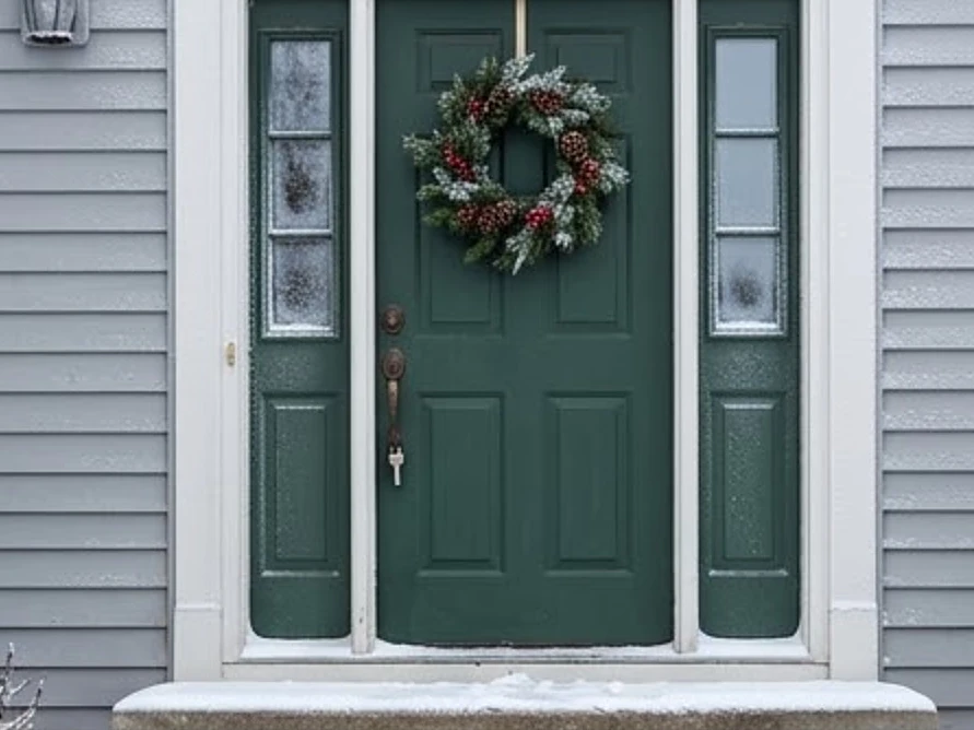 Front door with a key in the lock, winter