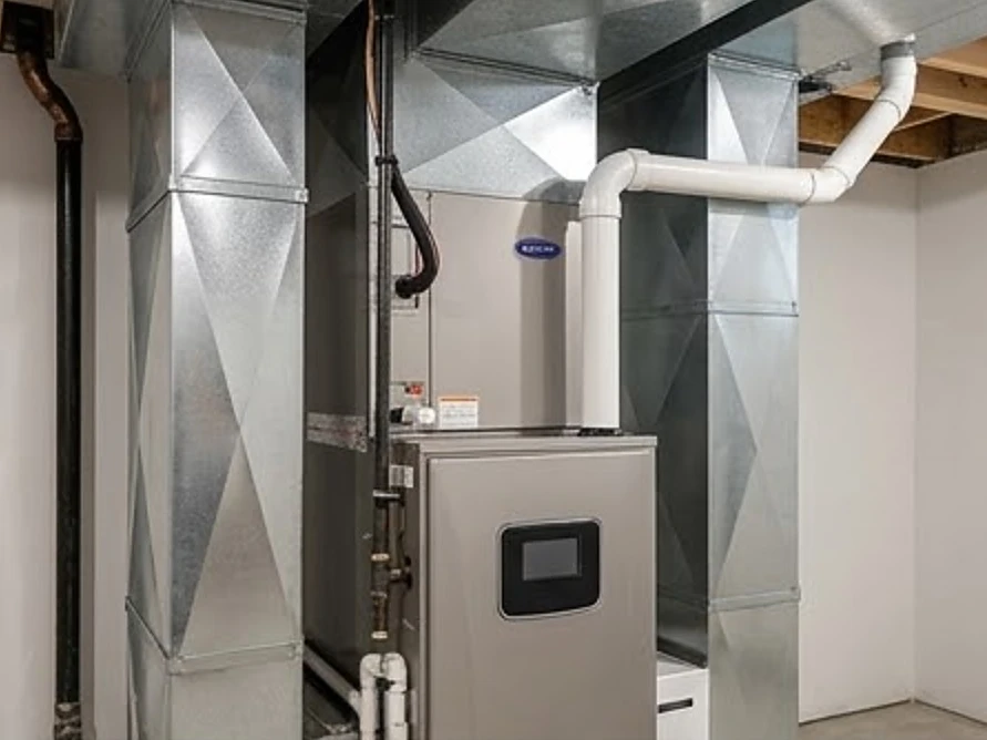 Furnace with ductwork in a basement, newer