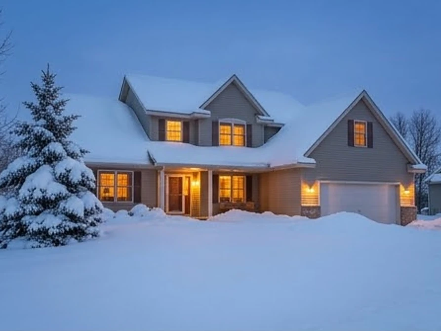 House in deep winter snow, dusk with lights on