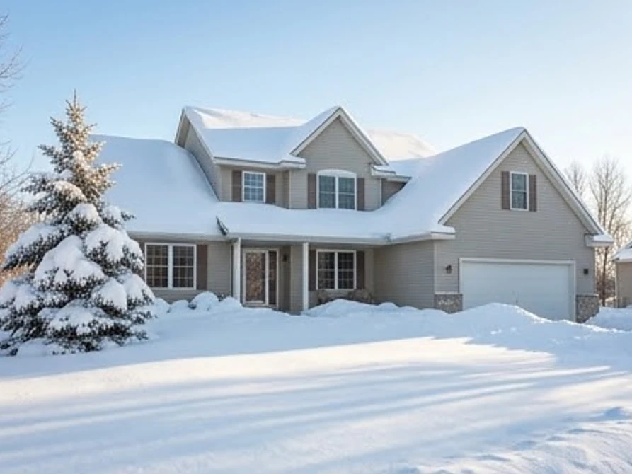 House in deep winter snow, morning
