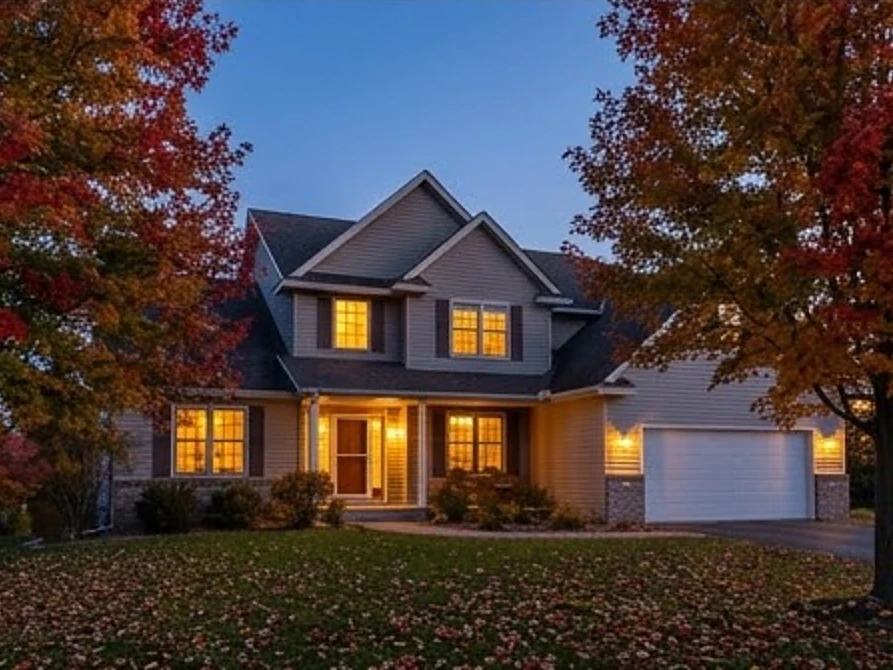 House in fall color, dusk with lights on