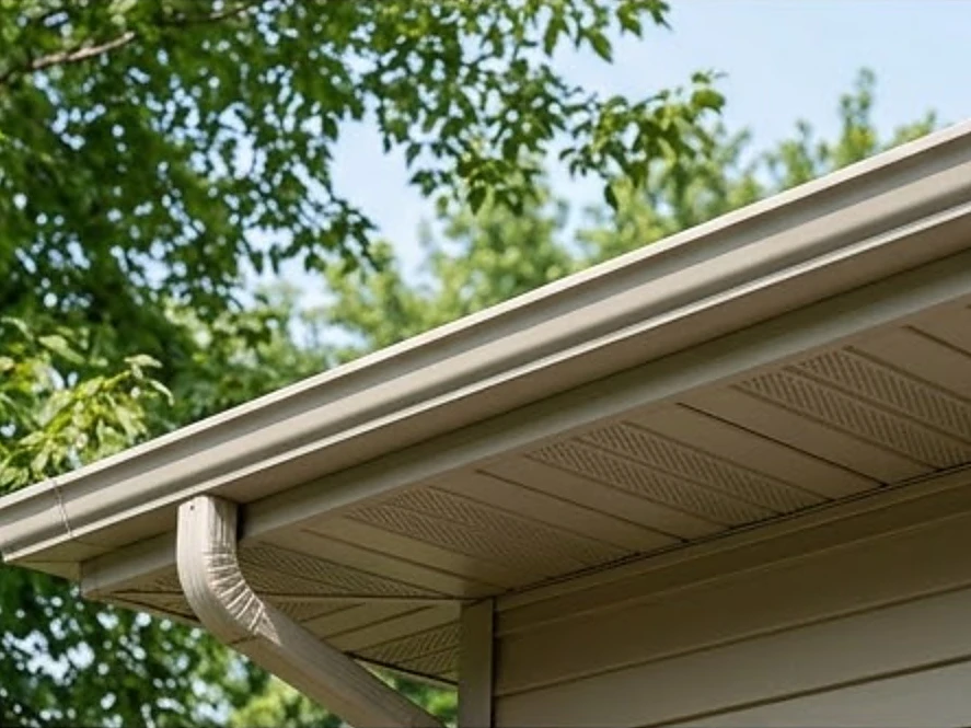 Ice dam icicles along an eave, summer
