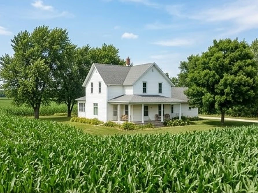 Iowa farmhouse among cornfields, summer