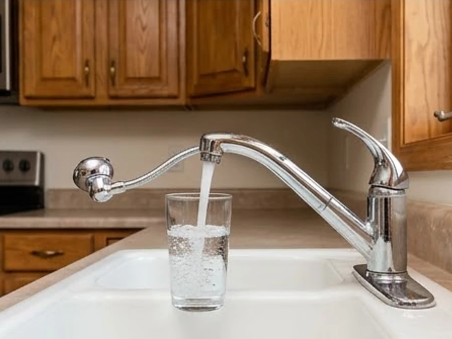 Kitchen faucet filling a clear glass of water, older home