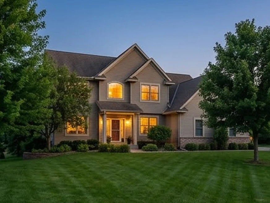 Minnesota two-story home at dusk with warm window lights, summer