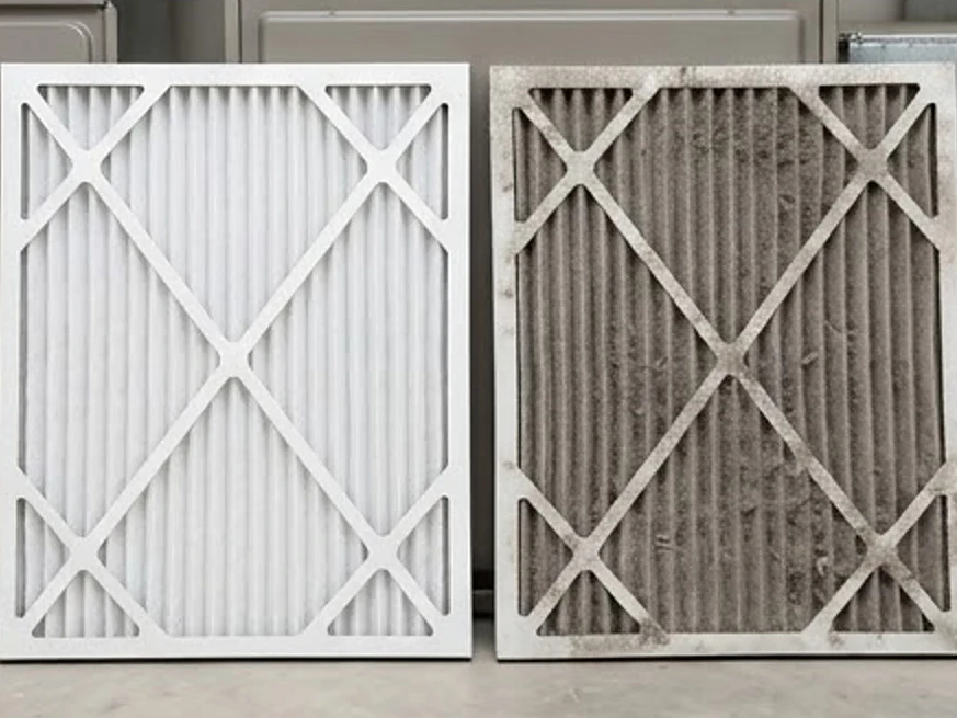 New furnace filter beside an old one, close-up