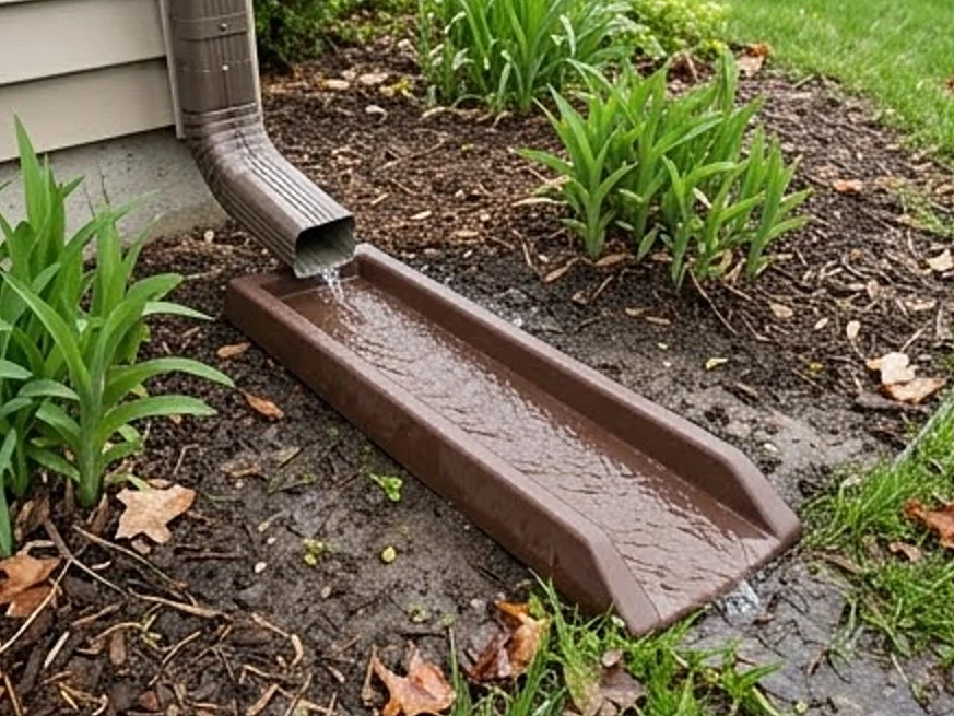 Downspout extension in a yard, spring