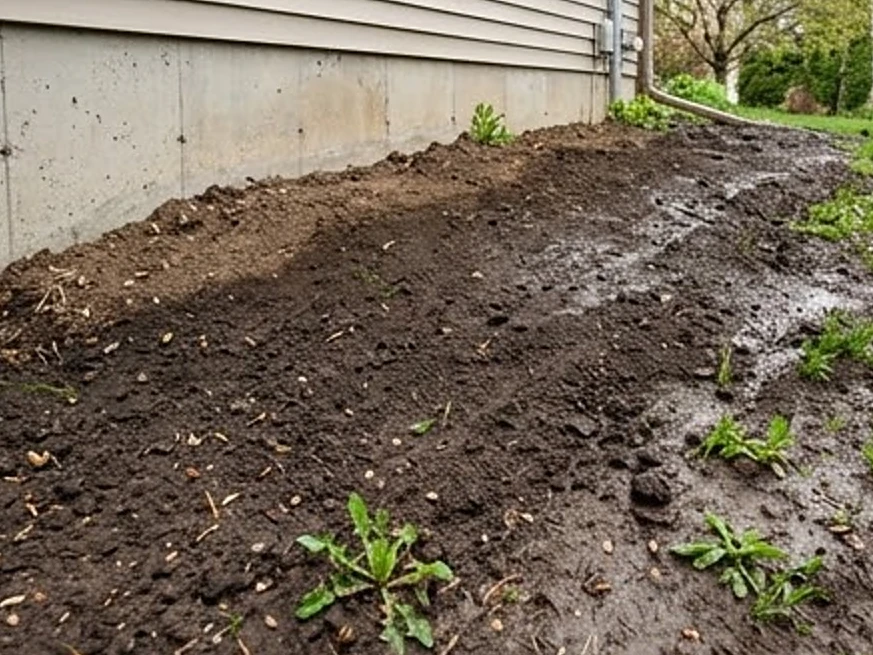Regraded soil sloping away from a house, spring
