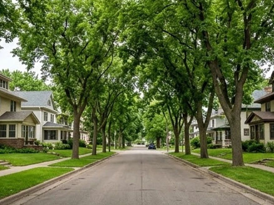 Saint Paul older neighborhood with boulevard trees, summer