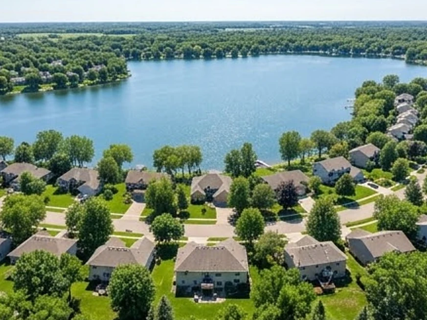 Aerial-view-style shot of a Minnesota lake neighborhood (no drone visible), summer