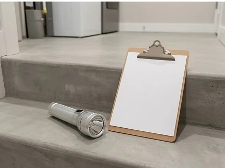Flashlight and clipboard on a basement step (blank clipboard), newer home