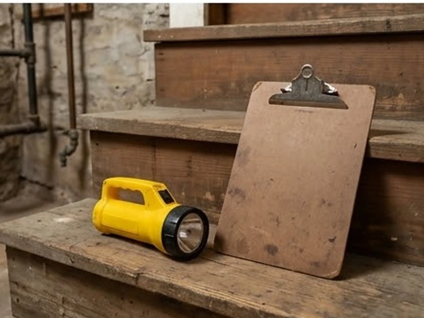 Flashlight and clipboard on a basement step (blank clipboard), older home