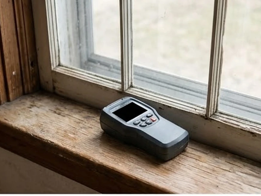 Moisture meter on a window sill, older home