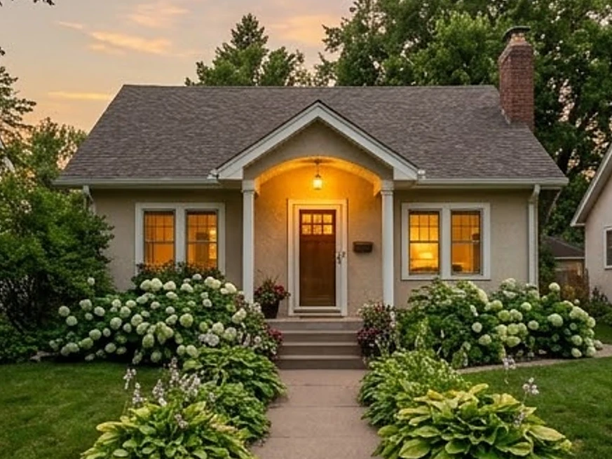 Twin Cities bungalow with porch lights on, summer
