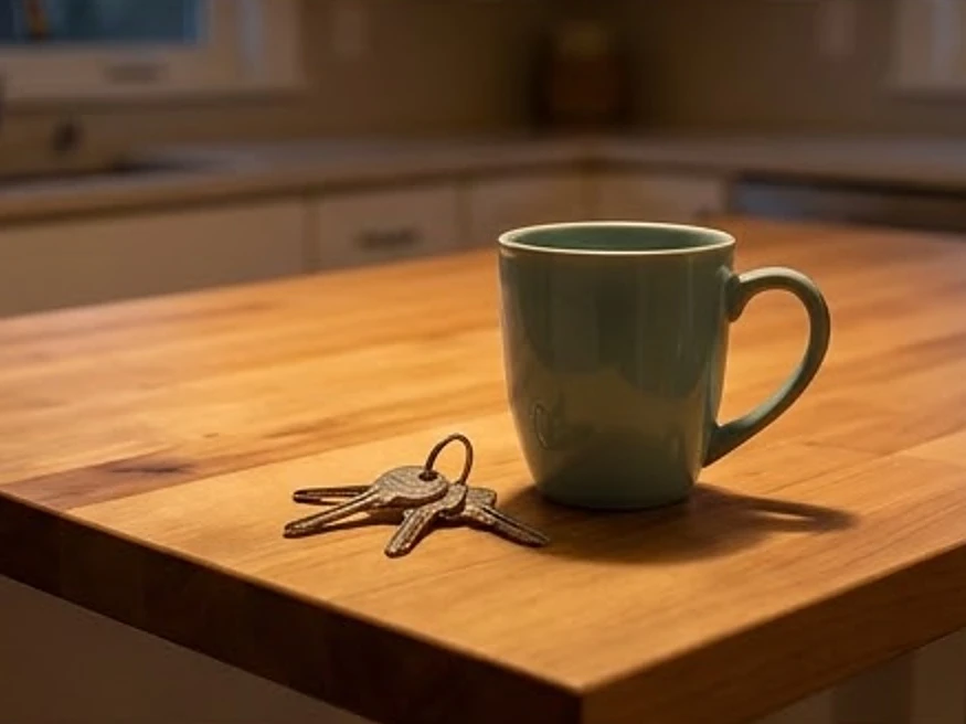 Coffee mug beside house keys, evening light