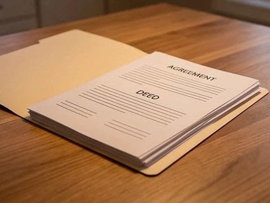 Folder of closing papers (no readable text), evening light