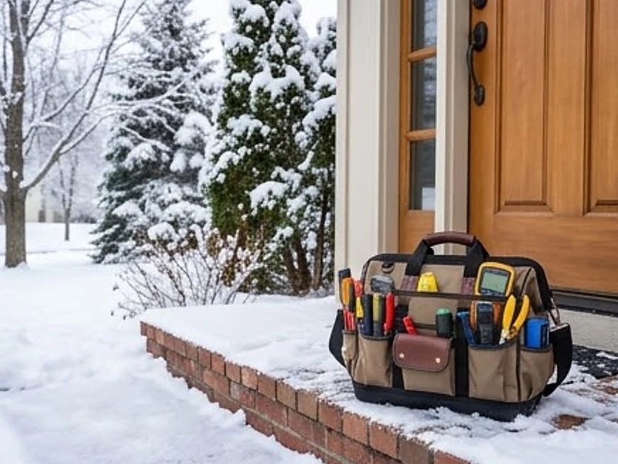 Inspector tool bag by a front door (no people), winter