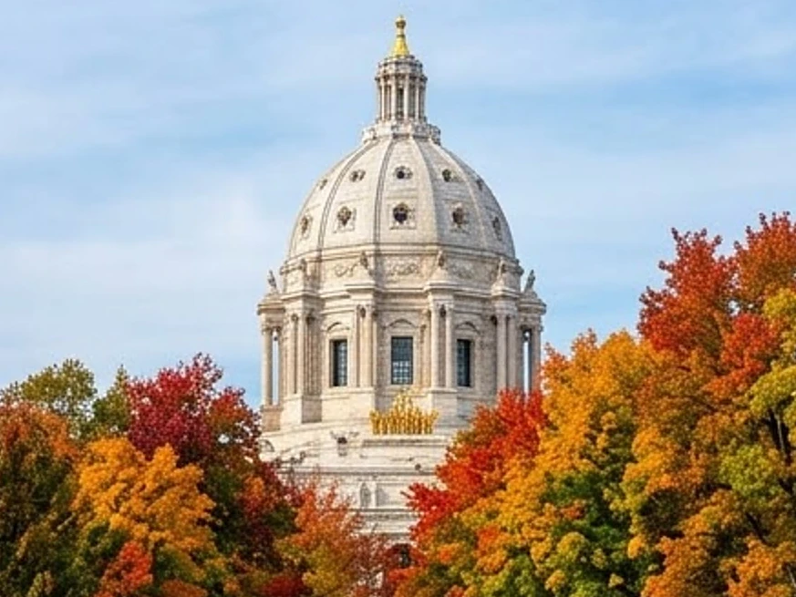 Minnesota state capitol dome from a distance, autumn