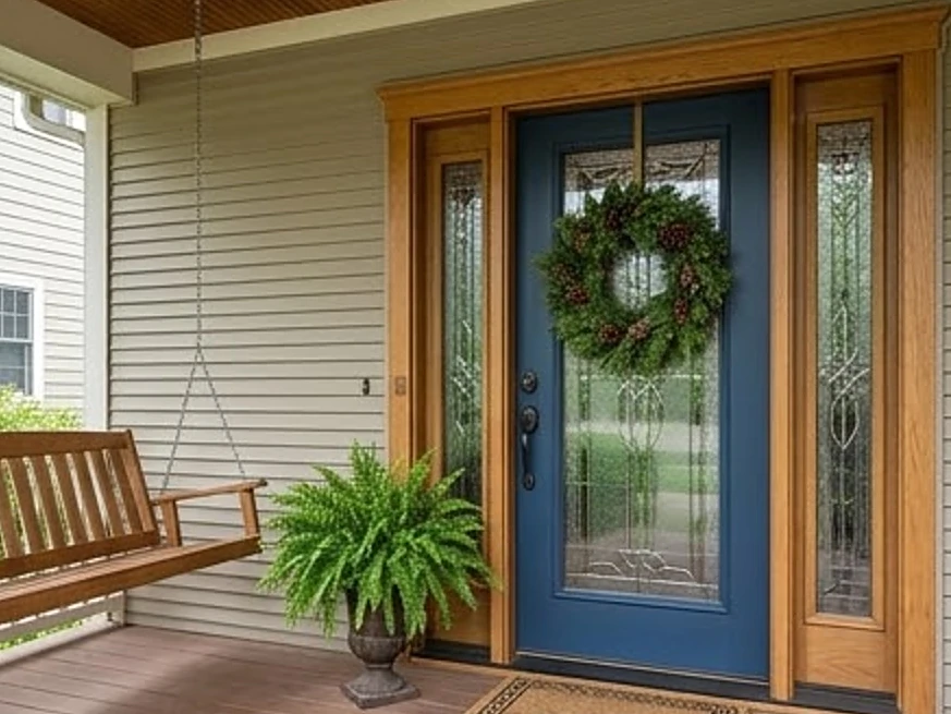 Front door with a wreath and porch, Minnesota