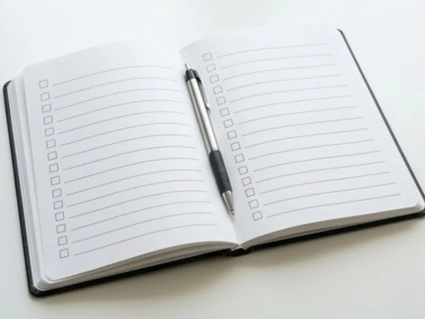 Open notebook with blank checklist on a table, bright daylight