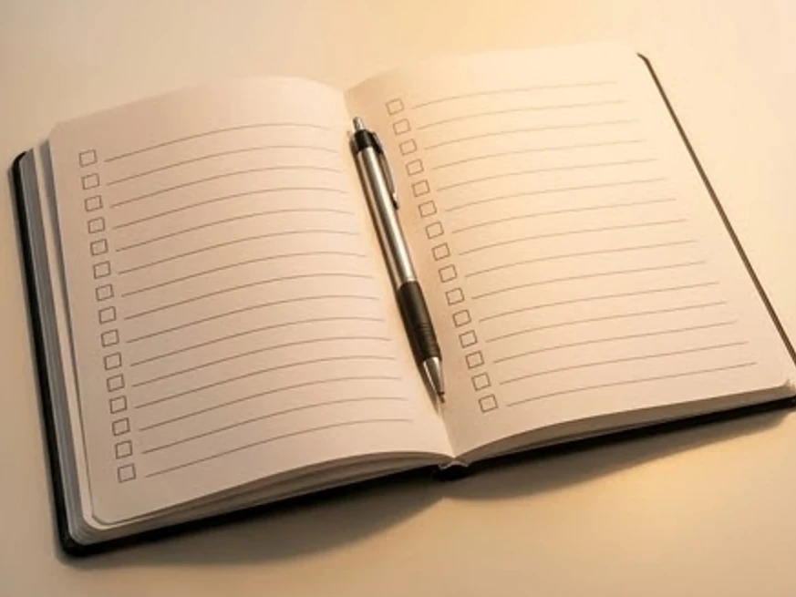 Open notebook with blank checklist on a table, warm lamp light