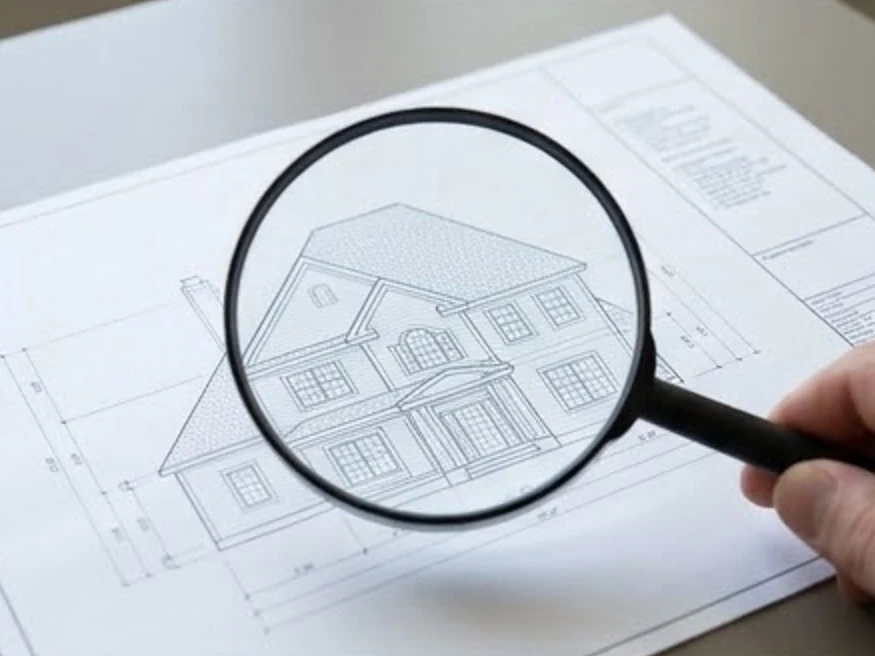 Magnifying glass over a blueprint (no readable text), bright daylight