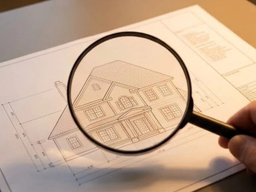 Magnifying glass over a blueprint (no readable text), warm lamp light