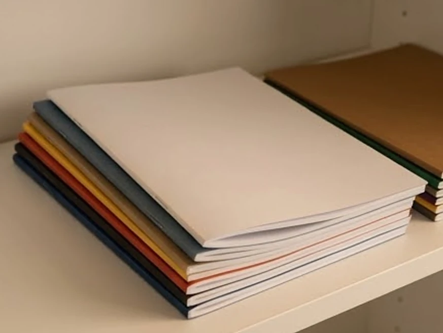 Stack of home guides with blank covers, warm lamp light