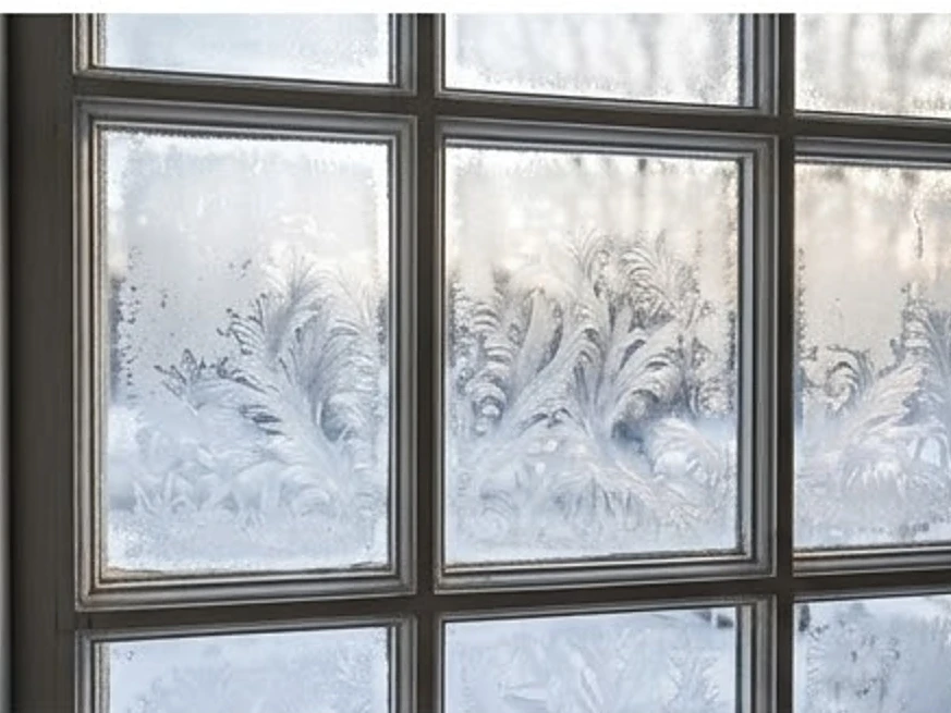 Window with winter frost, close-up