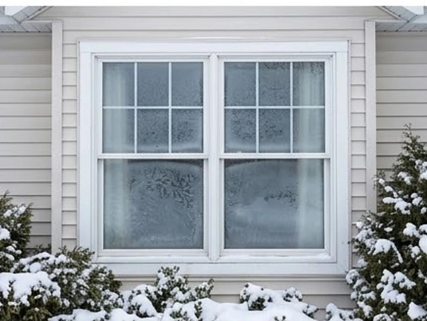 Window with winter frost, wider view