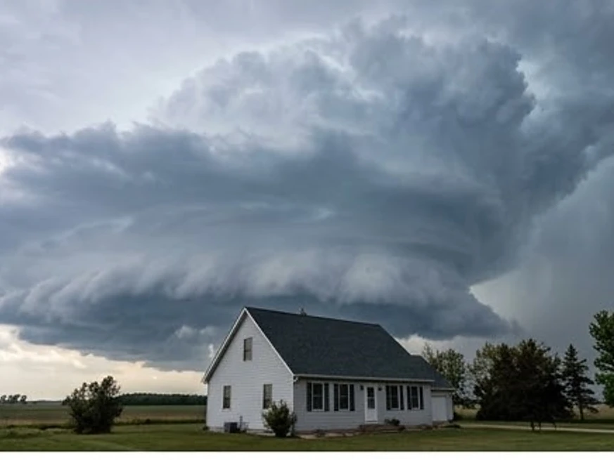 Storm clouds over a Minnesota home, wider view