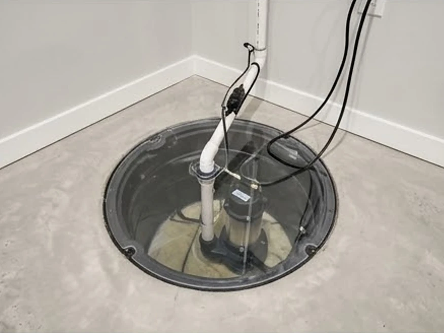 Sump pump pit with clear lid, newer basement