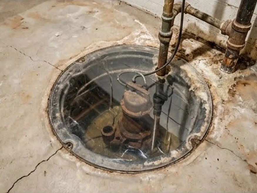 Sump pump pit with clear lid, older basement