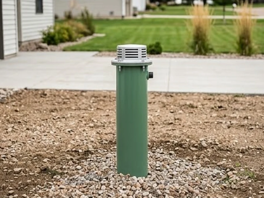 Modern steel well casing with a vented cap, wider view