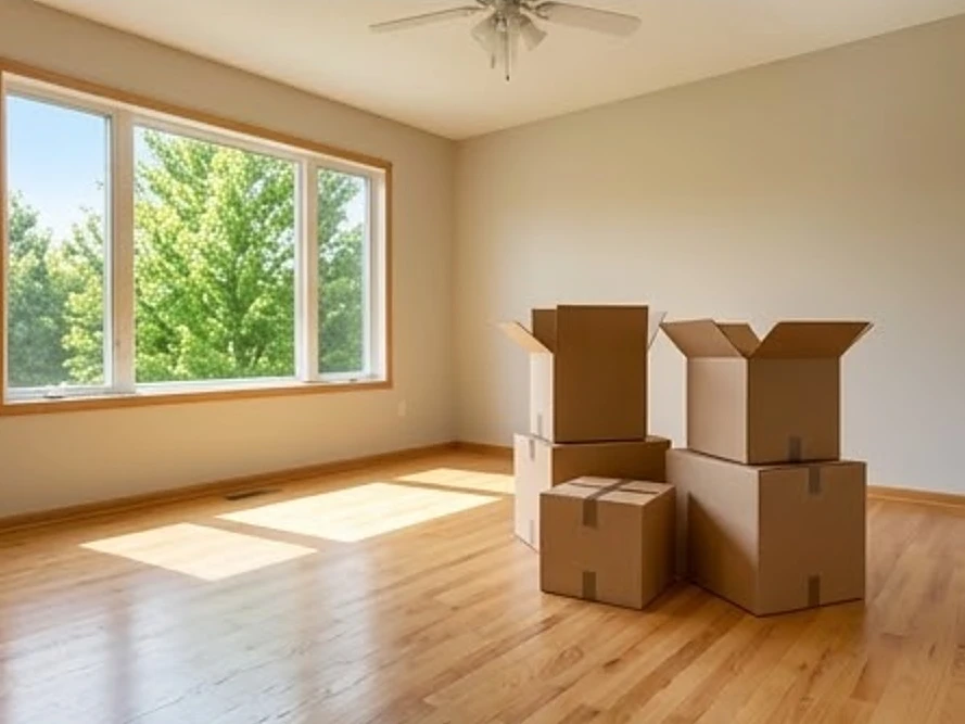 Moving boxes in an empty living room, summer