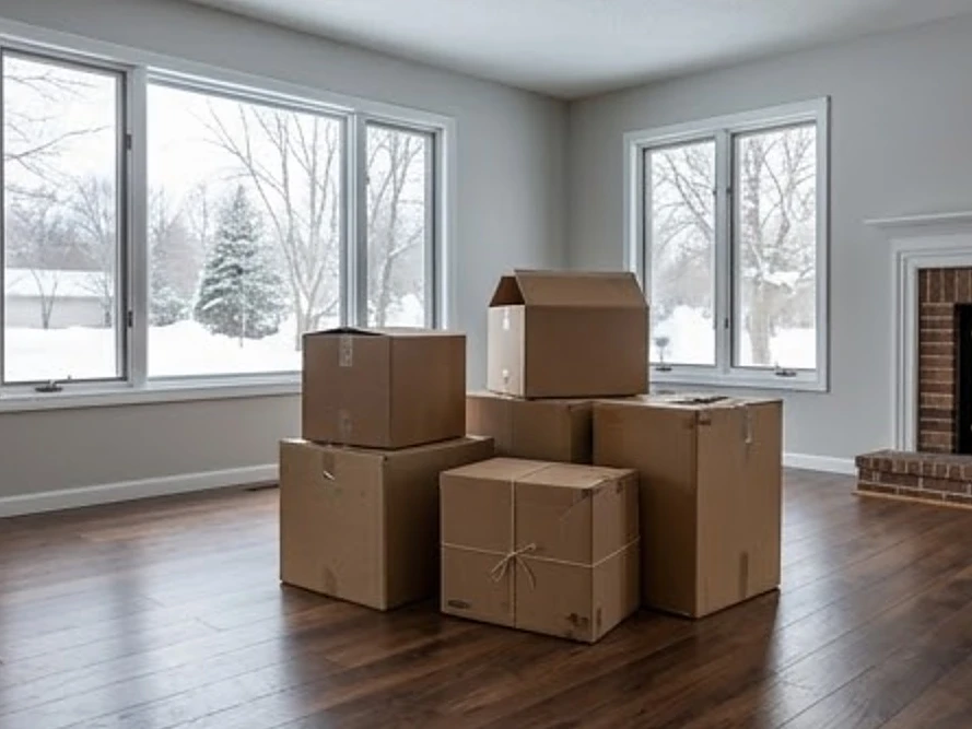 Moving boxes in an empty living room, winter