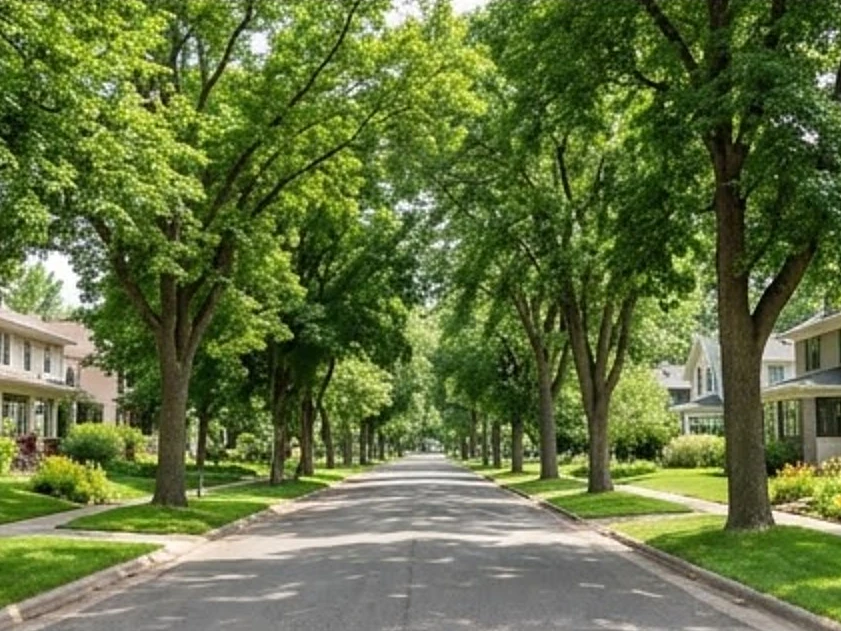 Older boulevard street with mature trees, summer
