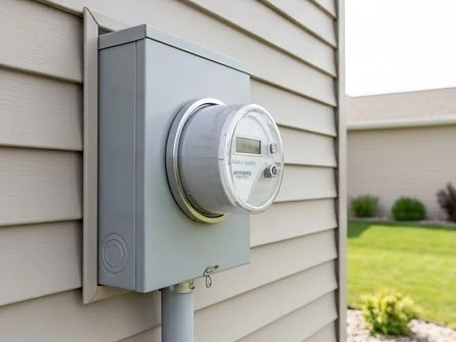 Outdoor electrical meter on a siding wall, newer
