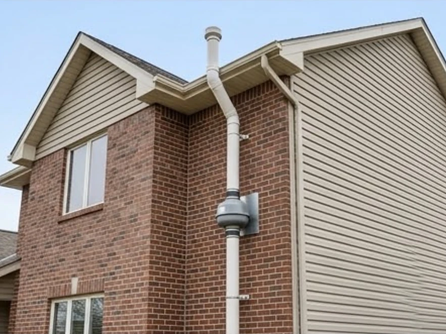 Radon pipe running up the side of a house, newer home