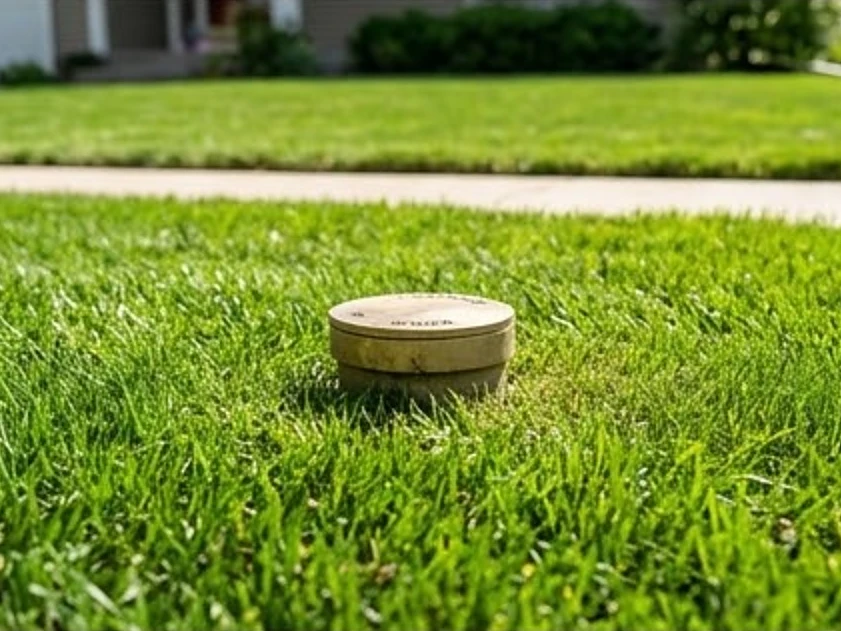 Sewer cleanout cap in a front lawn, summer