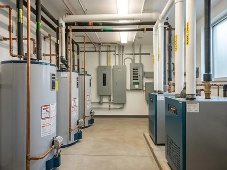 Shared mechanical room in a condo building, summer