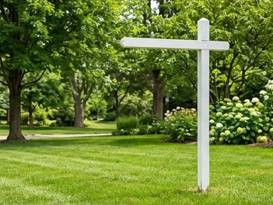 Sold-style yard with an empty sign post, summer